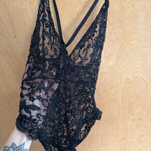 Black Lace Sheer Bodysuit with low racerback size S